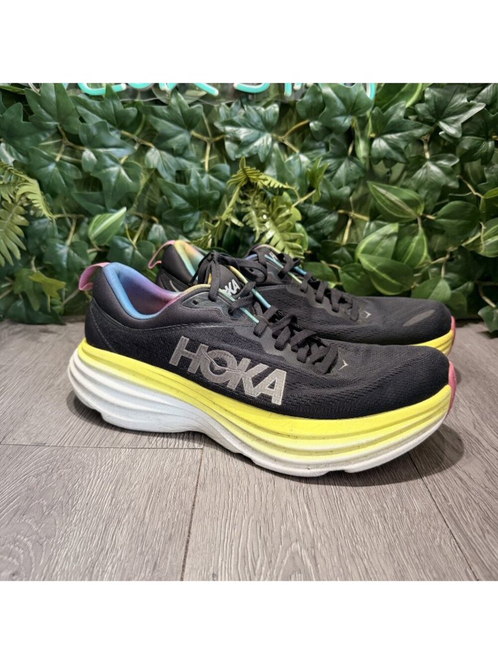 Hoka One One Bondi 8 Mens 11 D Black Yellow Rainbow Pride Running Shoe Cushion